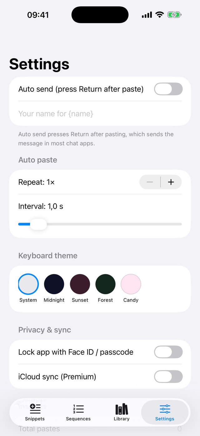 Auto paste and theme settings
